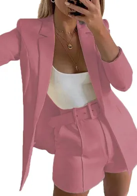 2 Piece Outfits for Women Long Sleeve Solid Open Front Blazer Shorts with Belt Casual Elegant Business Suit Sets
