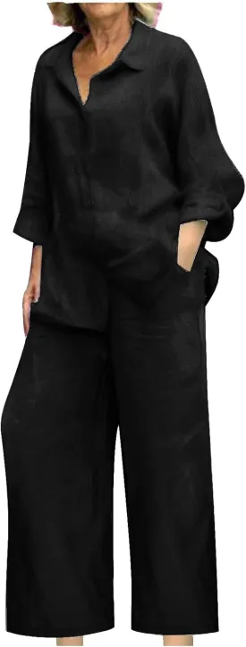 2 Piece Sets for Women Summer Long Sleeve Shirts & Wide Leg Trousers Loose Fit Dressy Cotton Linen Sets Outfits 2025