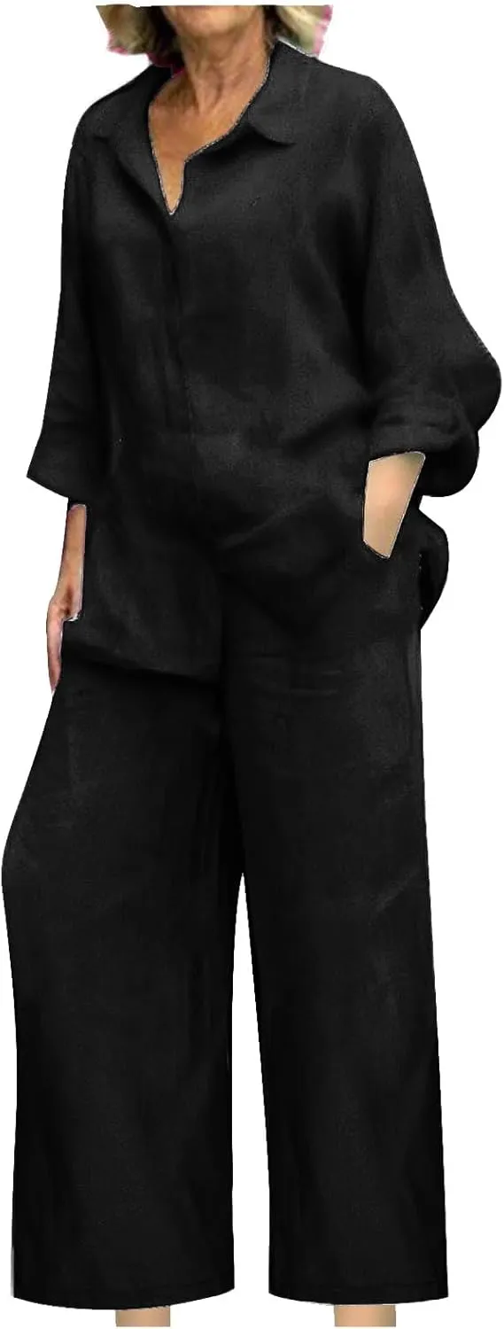 2 Piece Sets for Women Summer Long Sleeve Shirts & Wide Leg Trousers Loose Fit Dressy Cotton Linen Sets Outfits 2025