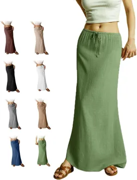 2025 Summer Linen Maxi Skirts for Women, Cute Vacation Boho Long Flowy Skirts, Comfy Drawstring Waist A Line Skirts
