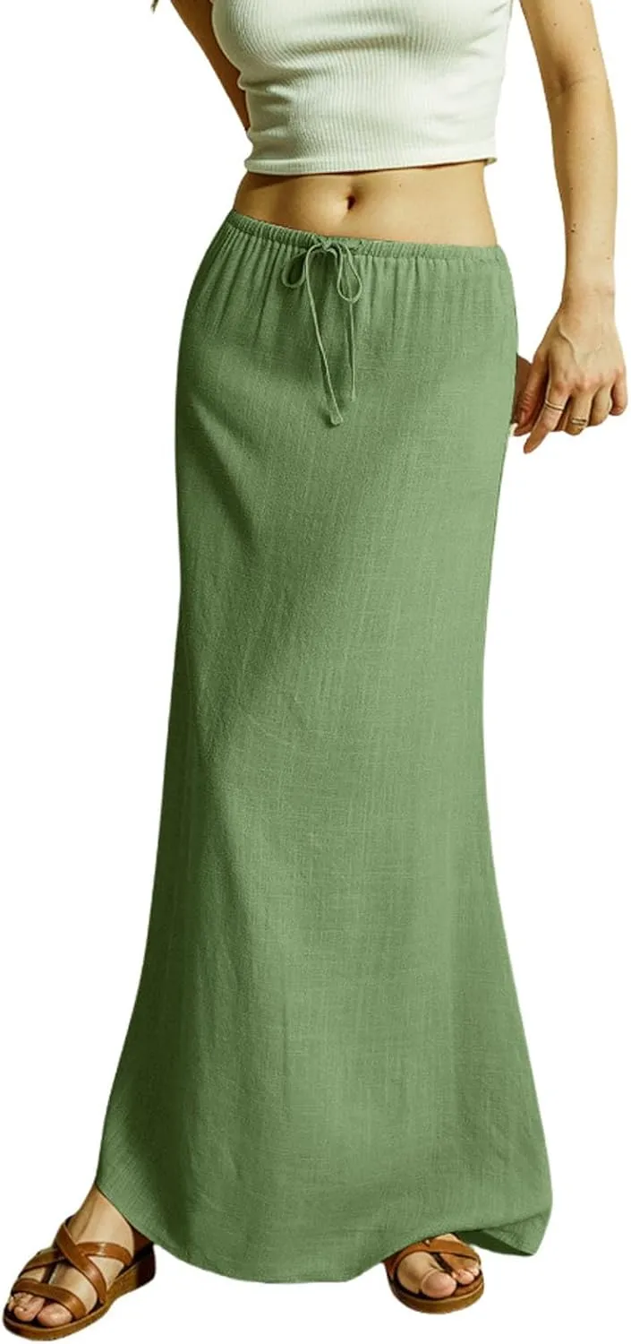 2025 Summer Linen Maxi Skirts for Women, Cute Vacation Boho Long Flowy Skirts, Comfy Drawstring Waist A Line Skirts