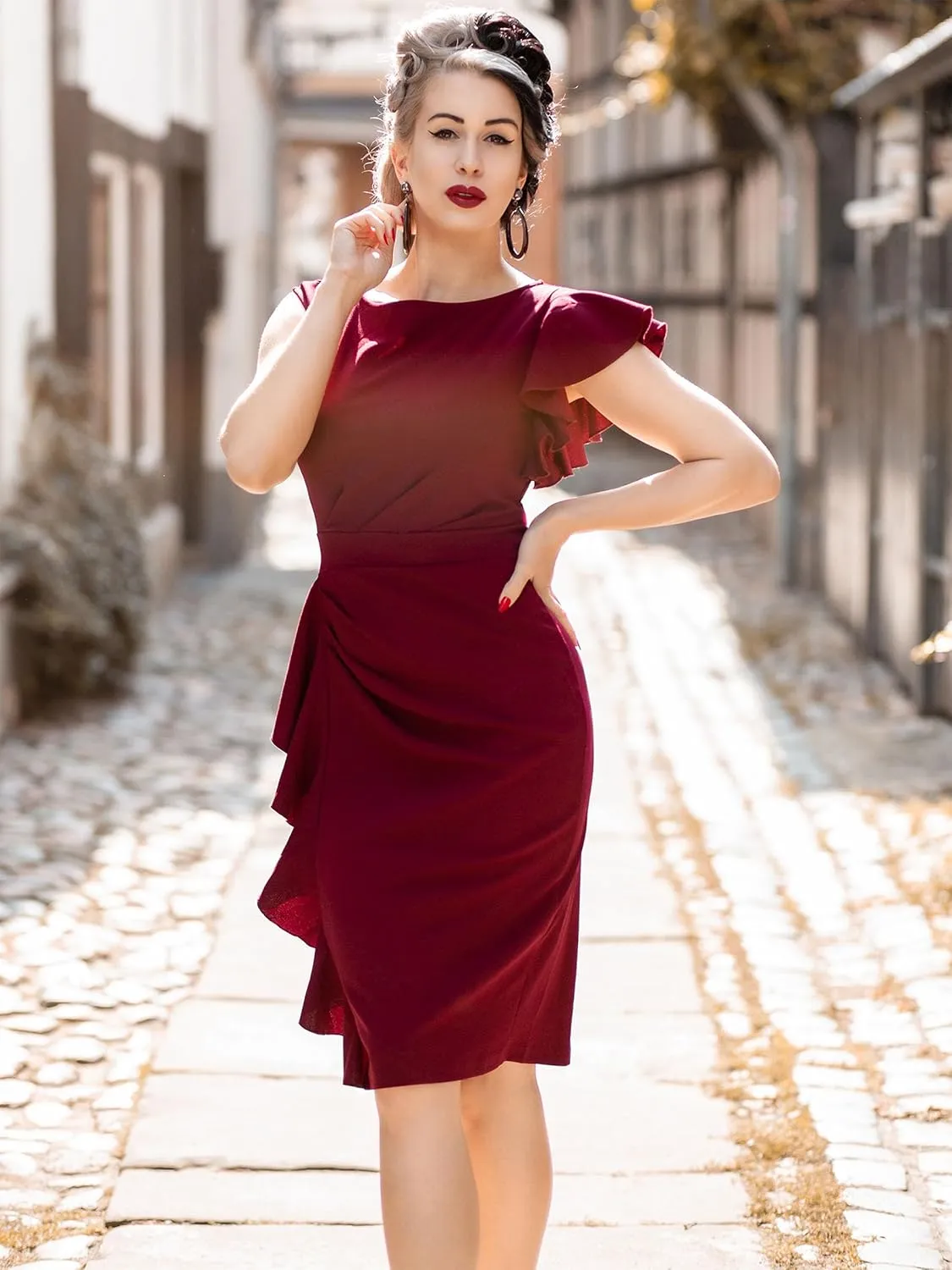 AISIZE Women's Pinup Vintage Ruffle Sleeves Cocktail Party Pencil Dress