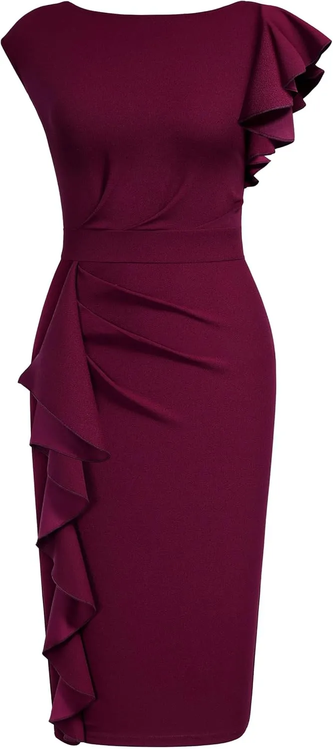 AISIZE Women's Pinup Vintage Ruffle Sleeves Cocktail Party Pencil Dress