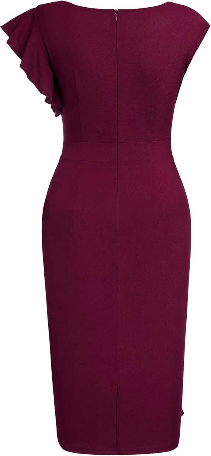 AISIZE Women's Pinup Vintage Ruffle Sleeves Cocktail Party Pencil Dress