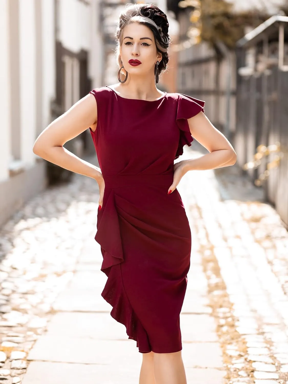AISIZE Women's Pinup Vintage Ruffle Sleeves Cocktail Party Pencil Dress