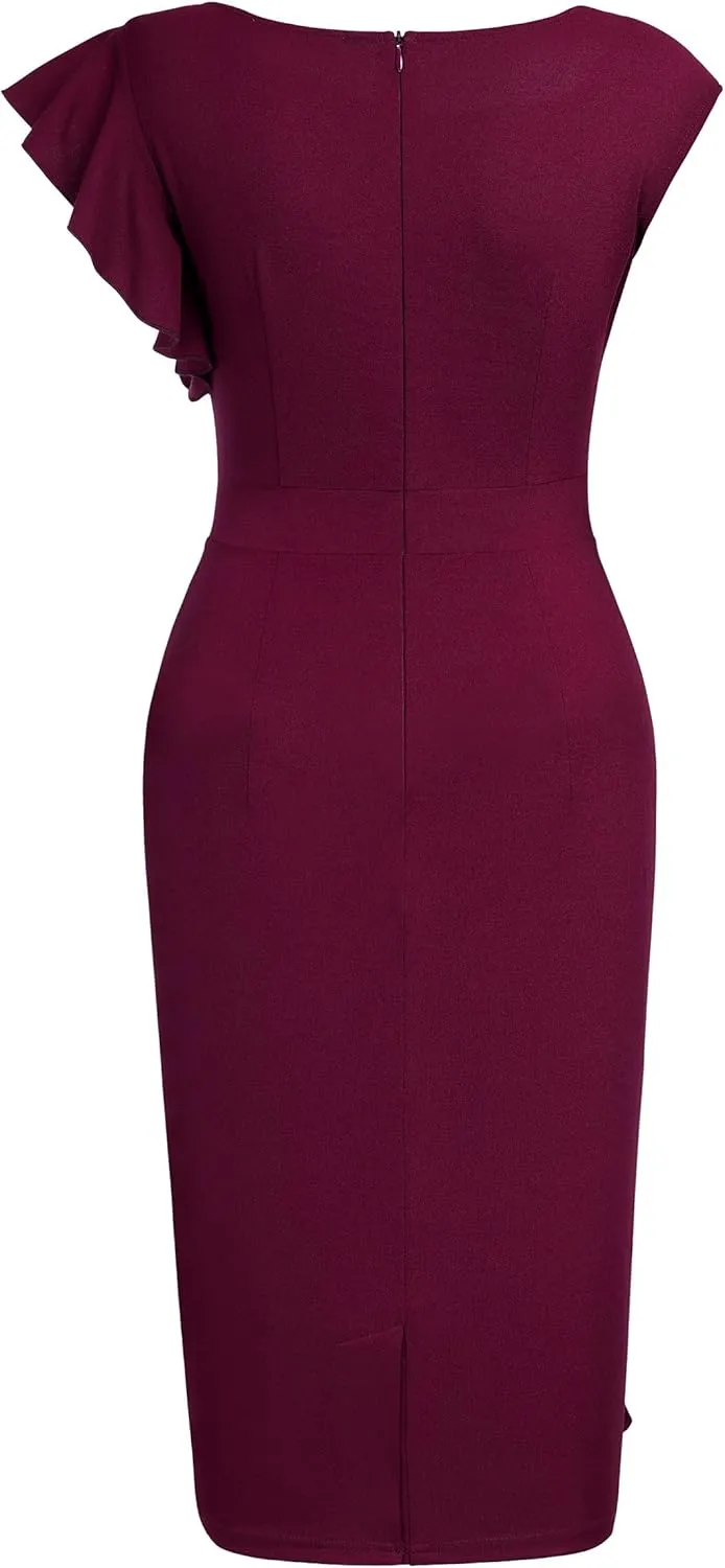 AISIZE Women's Pinup Vintage Ruffle Sleeves Cocktail Party Pencil Dress