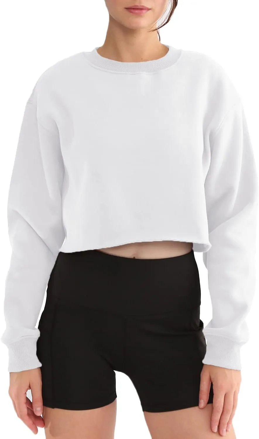 Amazhiyu Women' s Pullover Cropped Sweatshirt Crew Neck Long Sleeve Fleece Crop Tops