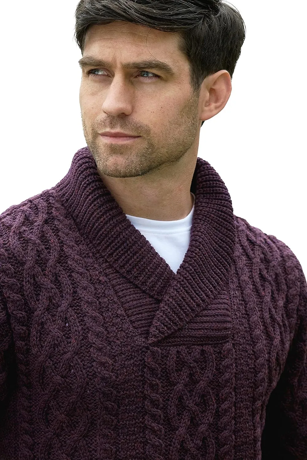 Aran Crafts Men's Soft Irish Cable Knit Shawl Collar Sweater (100% Merino Wool)