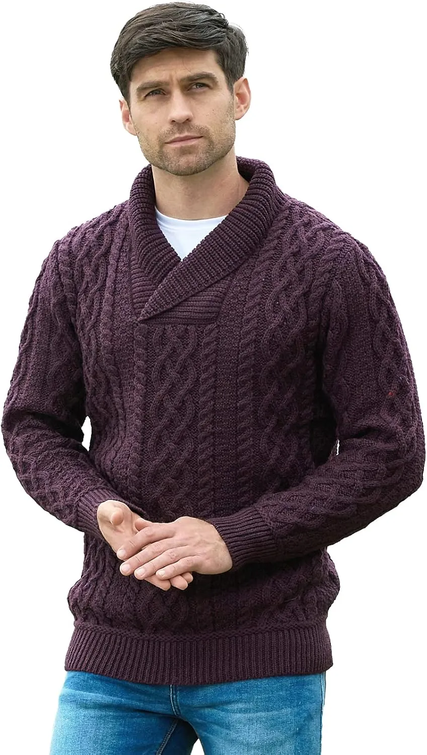 Aran Crafts Men's Soft Irish Cable Knit Shawl Collar Sweater (100% Merino Wool)