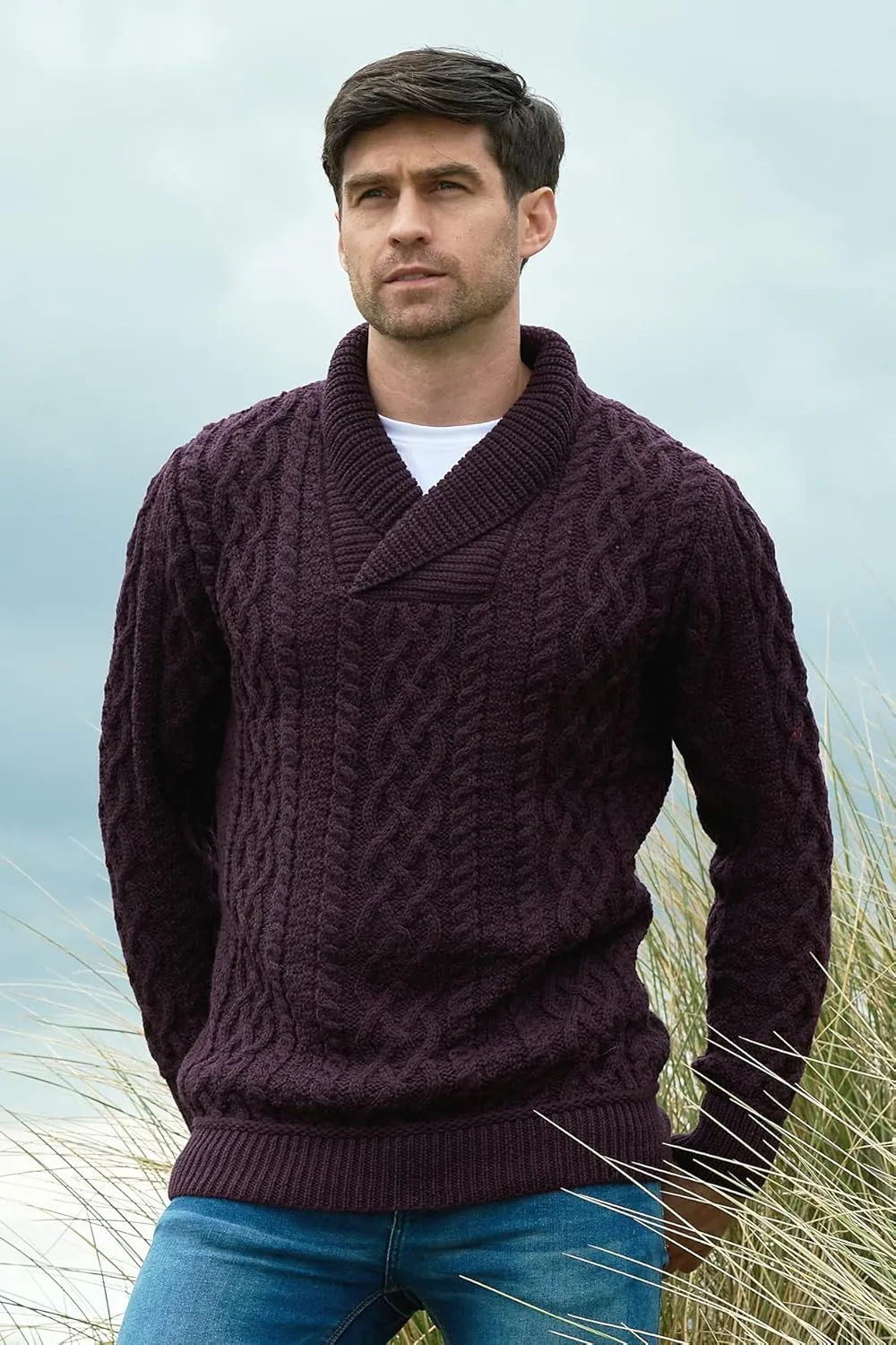 Aran Crafts Men's Soft Irish Cable Knit Shawl Collar Sweater (100% Merino Wool)