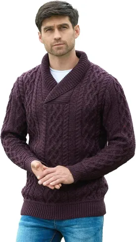Aran Crafts Men's Soft Irish Cable Knit Shawl Collar Sweater (100% Merino Wool)