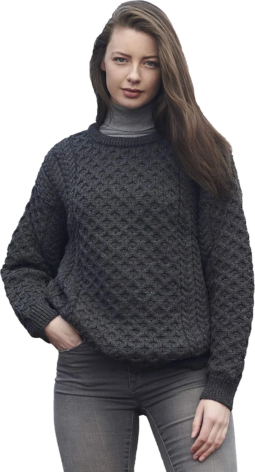 Aran Crafts Unisex Irish Cable Knitted Crew Neck Sweater (100% Merino Wool)