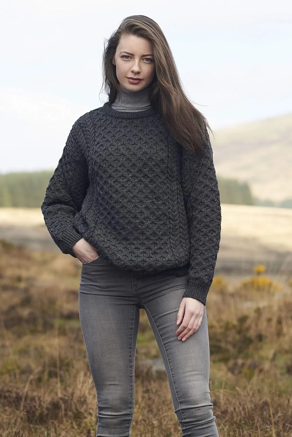 Aran Crafts Unisex Irish Cable Knitted Crew Neck Sweater (100% Merino Wool)
