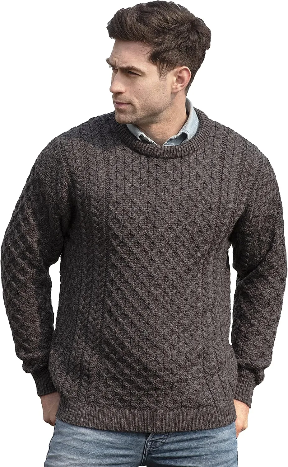 Aran Crafts Unisex Irish Cable Knitted Crew Neck Sweater (100% Merino Wool)