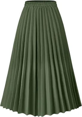 Basoteeuo Womens Skirt Leopard Print Midi Long Shirring Pleated Skirts High Waisted A Line Skirts