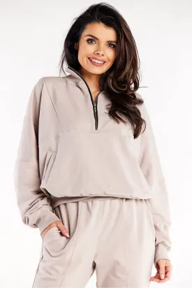 Beige Hgh Clr long Slv Zpr Sweatshirt