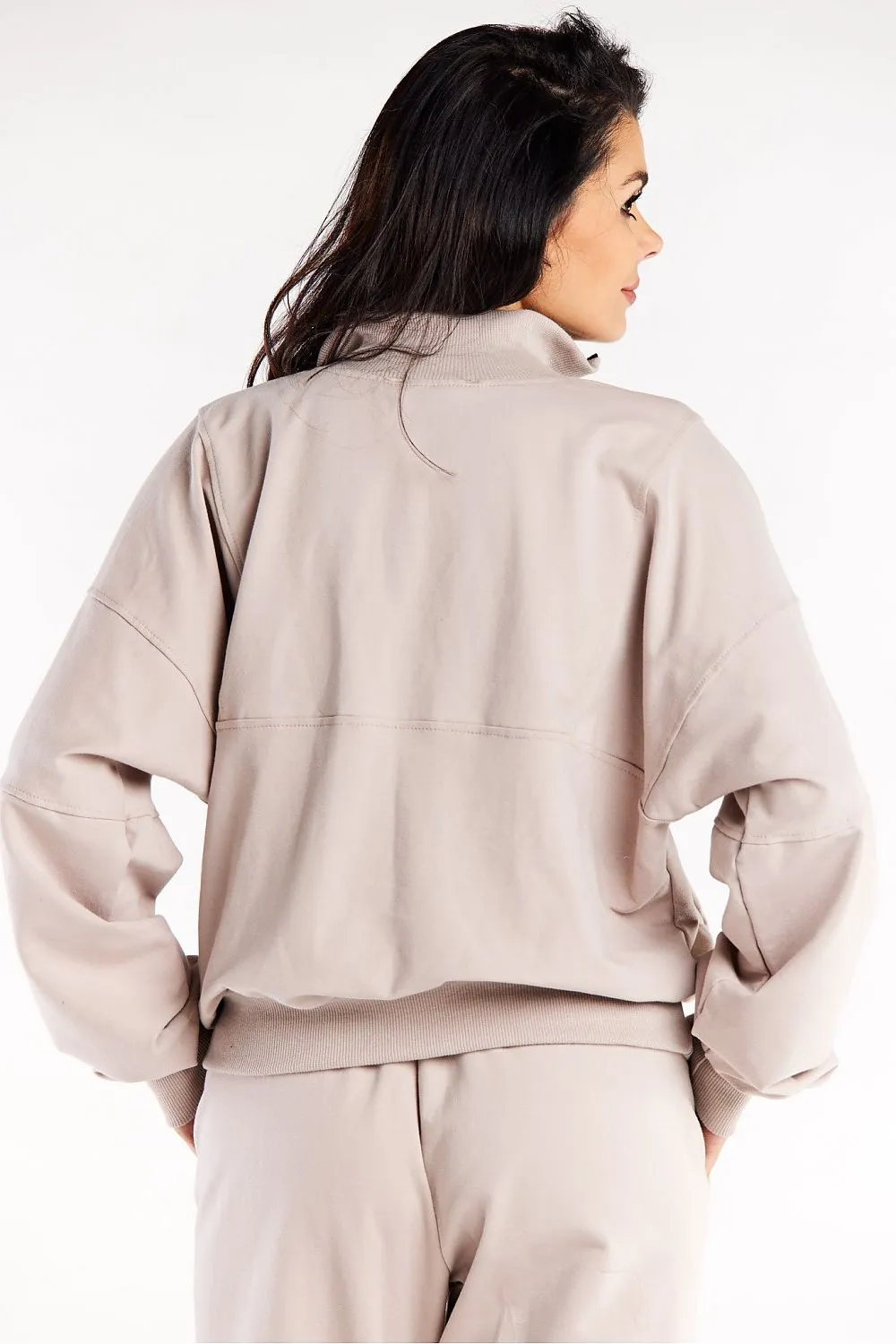 Beige Hgh Clr long Slv Zpr Sweatshirt