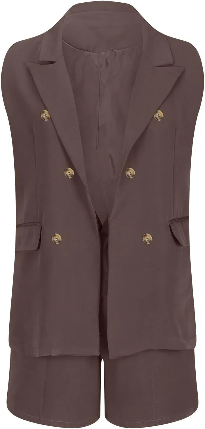 Binmer Women's Casual Sleeveless Blazer Vest Shorts Sets Double Breasted V Neck Office 2 Piece Lounge Matching Outfits Sets