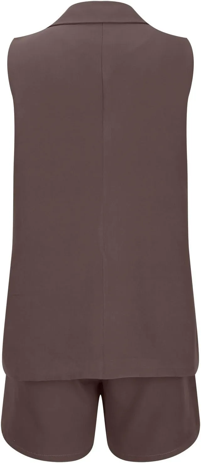 Binmer Women's Casual Sleeveless Blazer Vest Shorts Sets Double Breasted V Neck Office 2 Piece Lounge Matching Outfits Sets