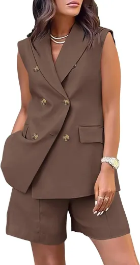 Binmer Women's Casual Sleeveless Blazer Vest Shorts Sets Double Breasted V Neck Office 2 Piece Lounge Matching Outfits Sets