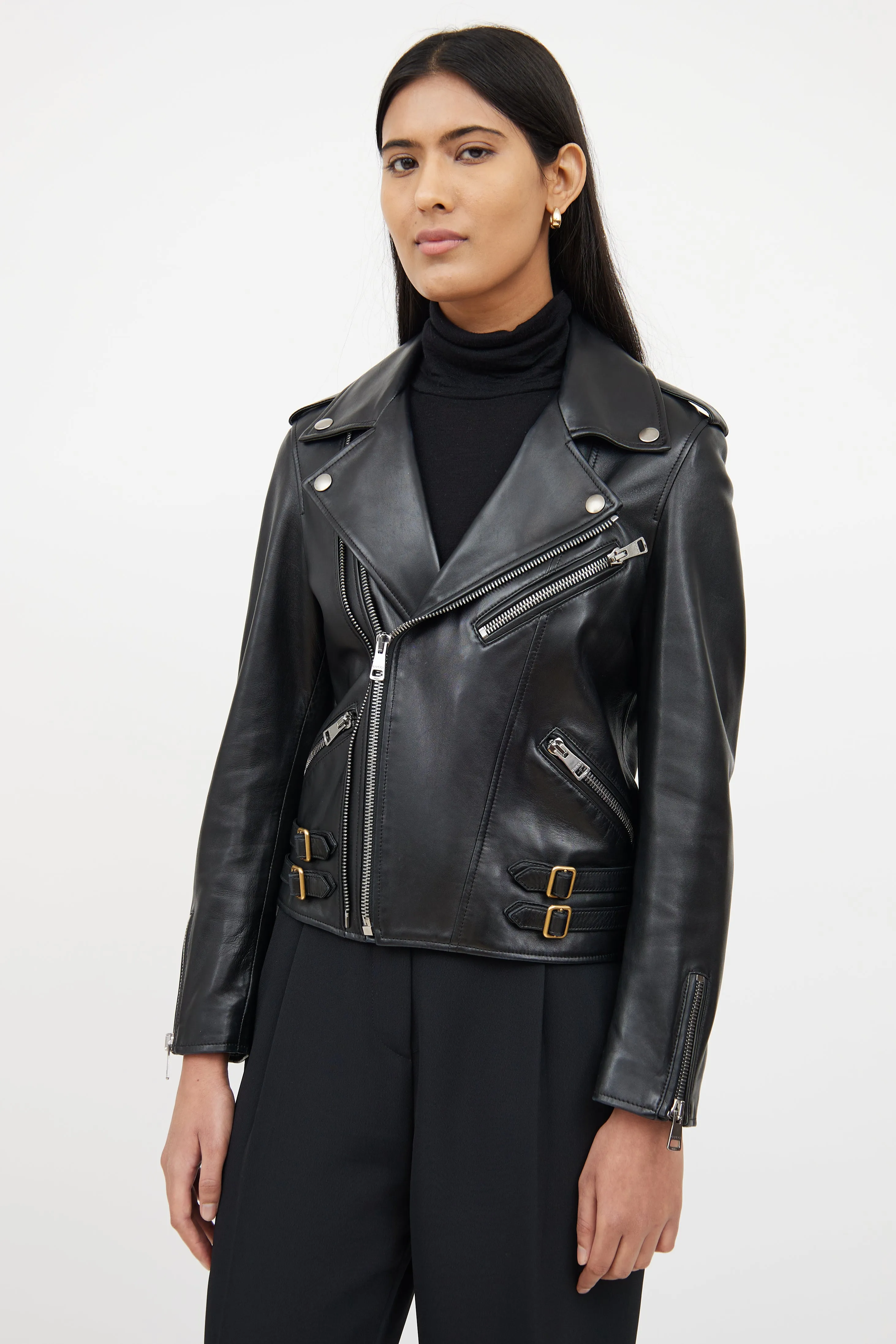 Black Leather Plonge Biker Jacket