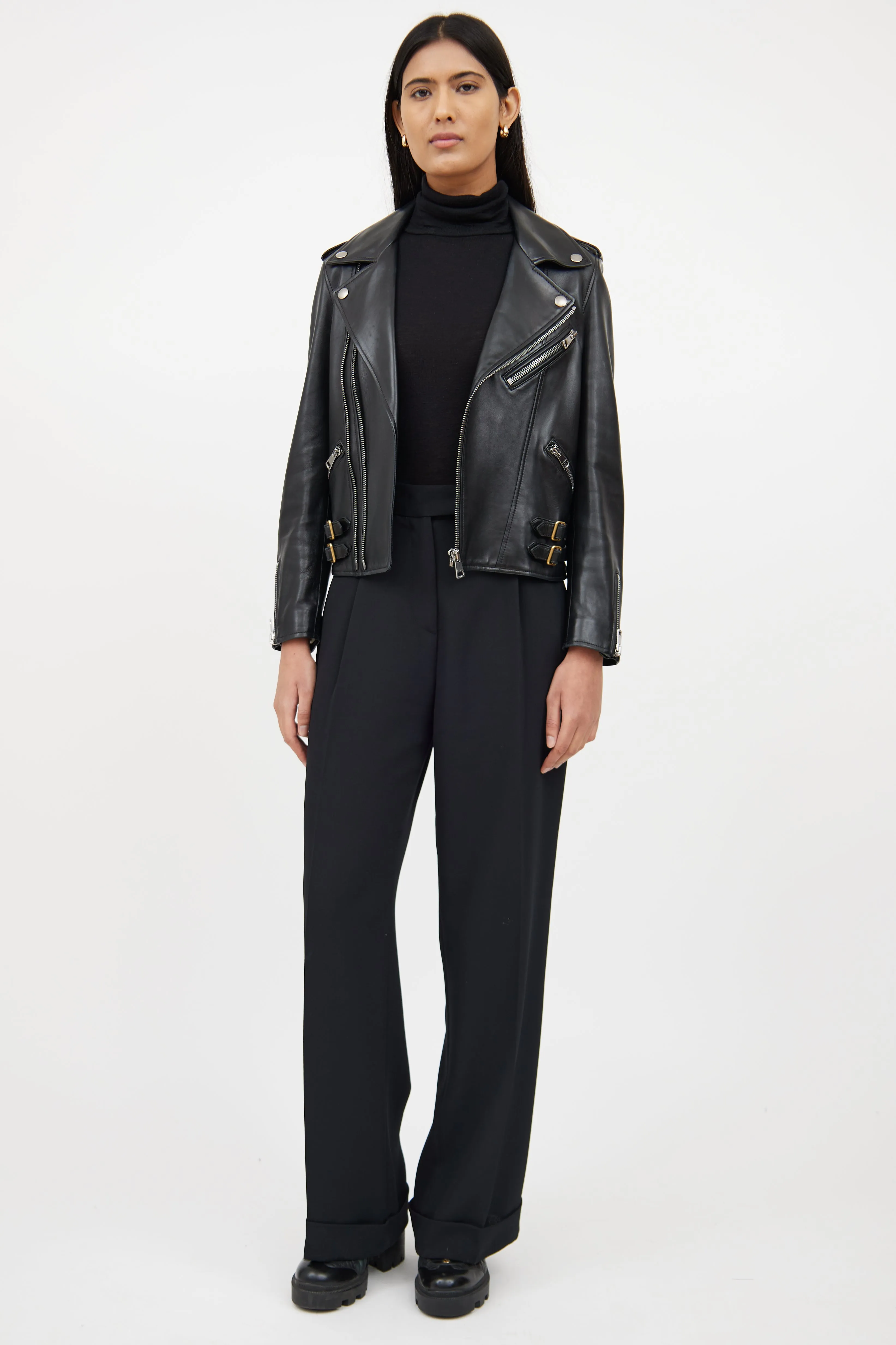 Black Leather Plonge Biker Jacket