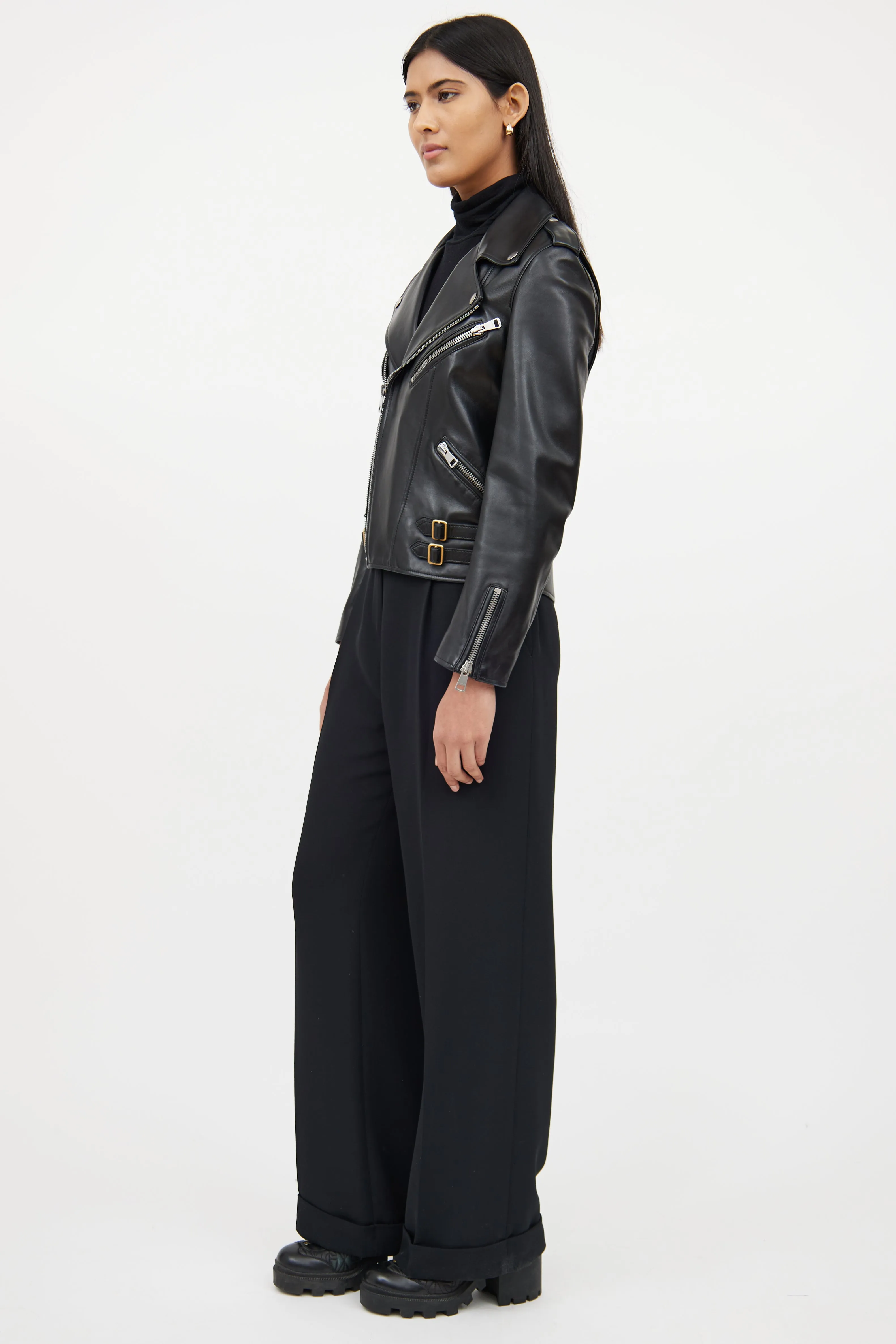 Black Leather Plonge Biker Jacket