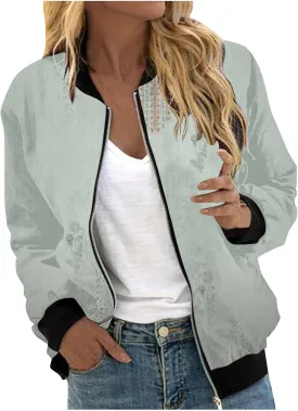 Bomber Jackets for Women 2024 Lightweight Casual Zip Up Stand Collar Coats Jacket Floral Graphic Outwear Fall Outfits