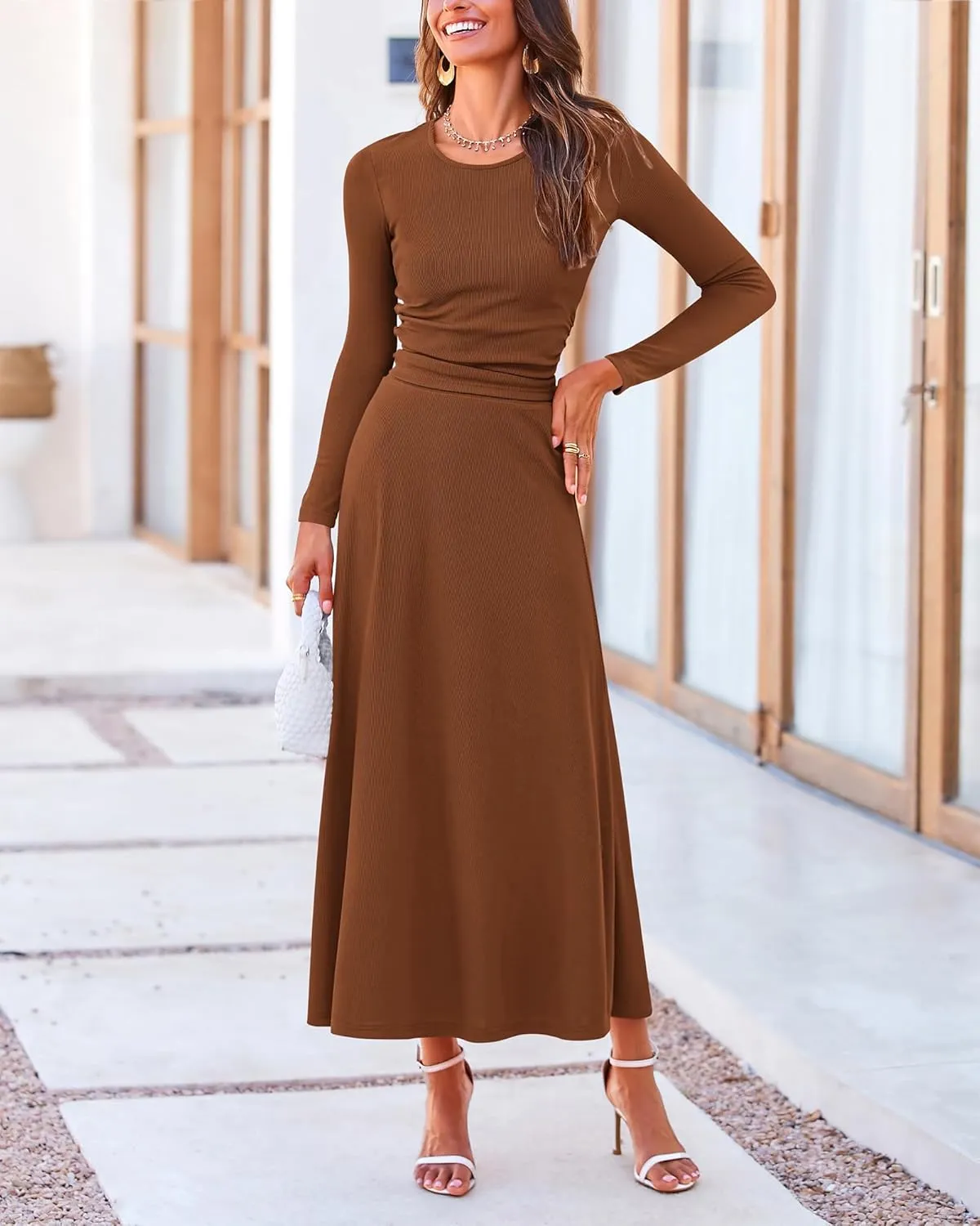 BTFBM Two Piece Skirt Sets For Women 2024 Trendy Fall Outfits Ribbed Knit Long Sleeve Crop Top Flowy Maxi Skirt Set