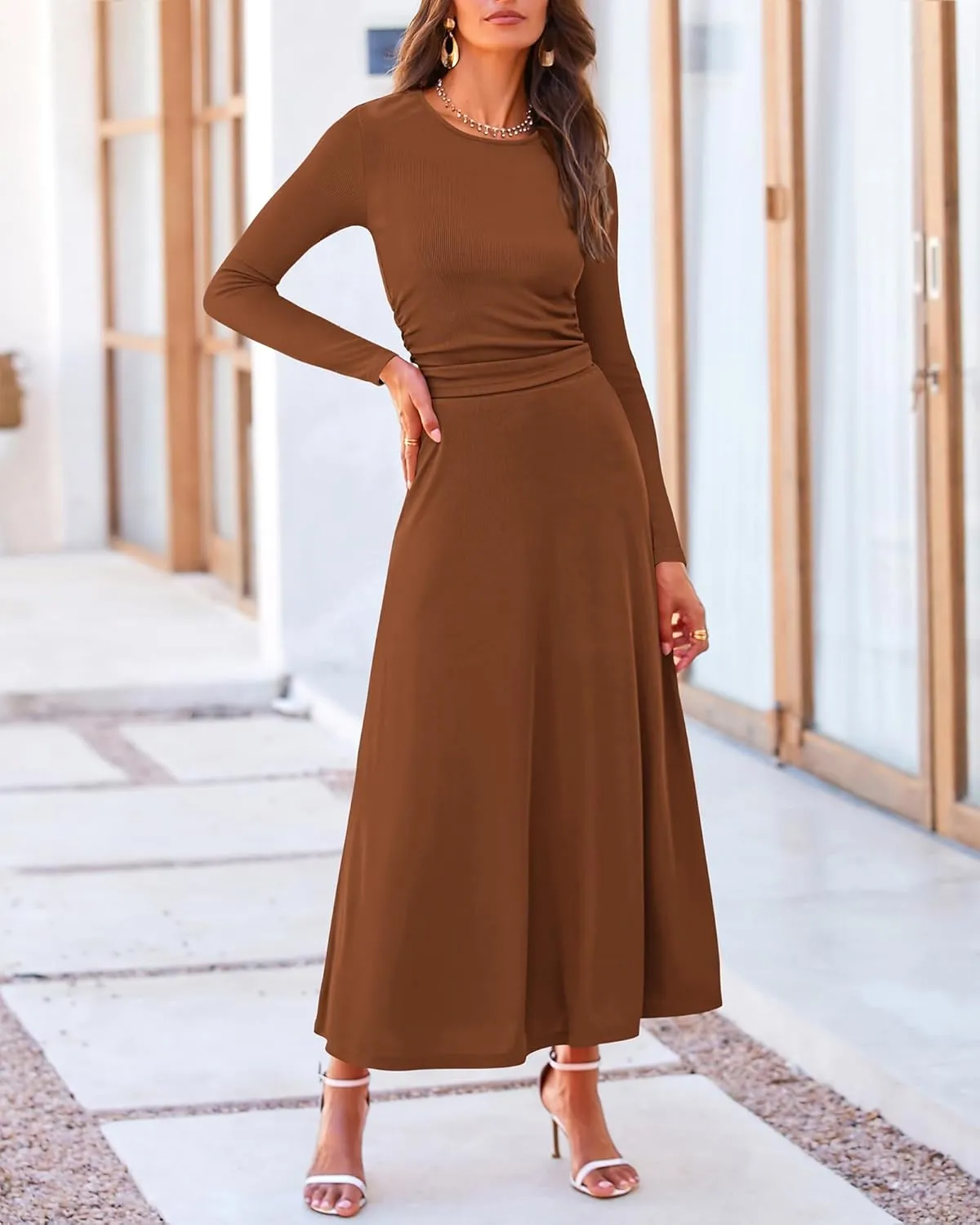 BTFBM Two Piece Skirt Sets For Women 2024 Trendy Fall Outfits Ribbed Knit Long Sleeve Crop Top Flowy Maxi Skirt Set