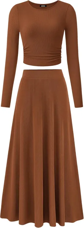 BTFBM Two Piece Skirt Sets For Women 2024 Trendy Fall Outfits Ribbed Knit Long Sleeve Crop Top Flowy Maxi Skirt Set