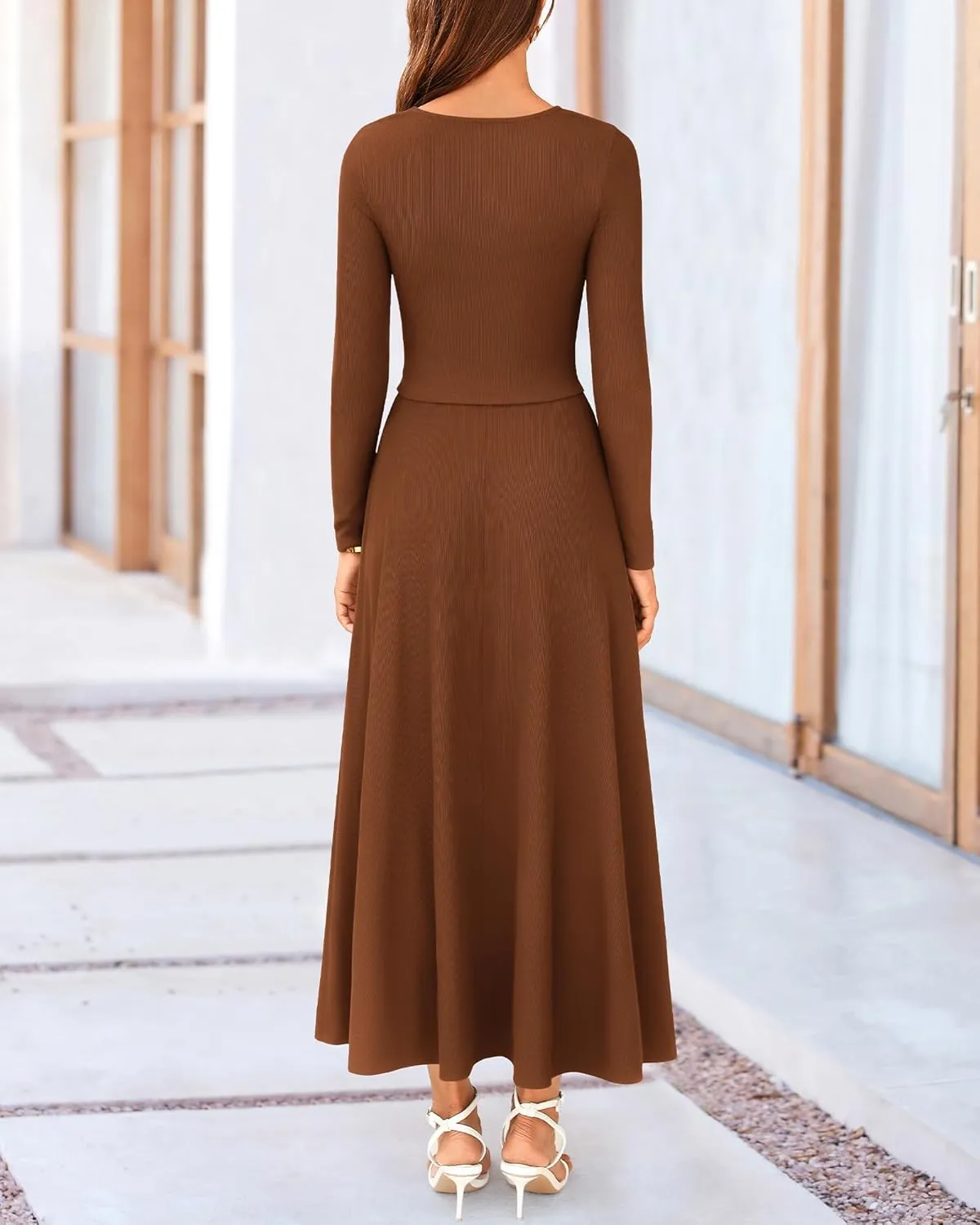 BTFBM Two Piece Skirt Sets For Women 2024 Trendy Fall Outfits Ribbed Knit Long Sleeve Crop Top Flowy Maxi Skirt Set