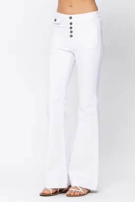 Button Fly Patch Pocket Flare Jeans
