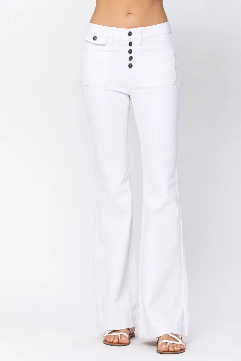 Button Fly Patch Pocket Flare Jeans