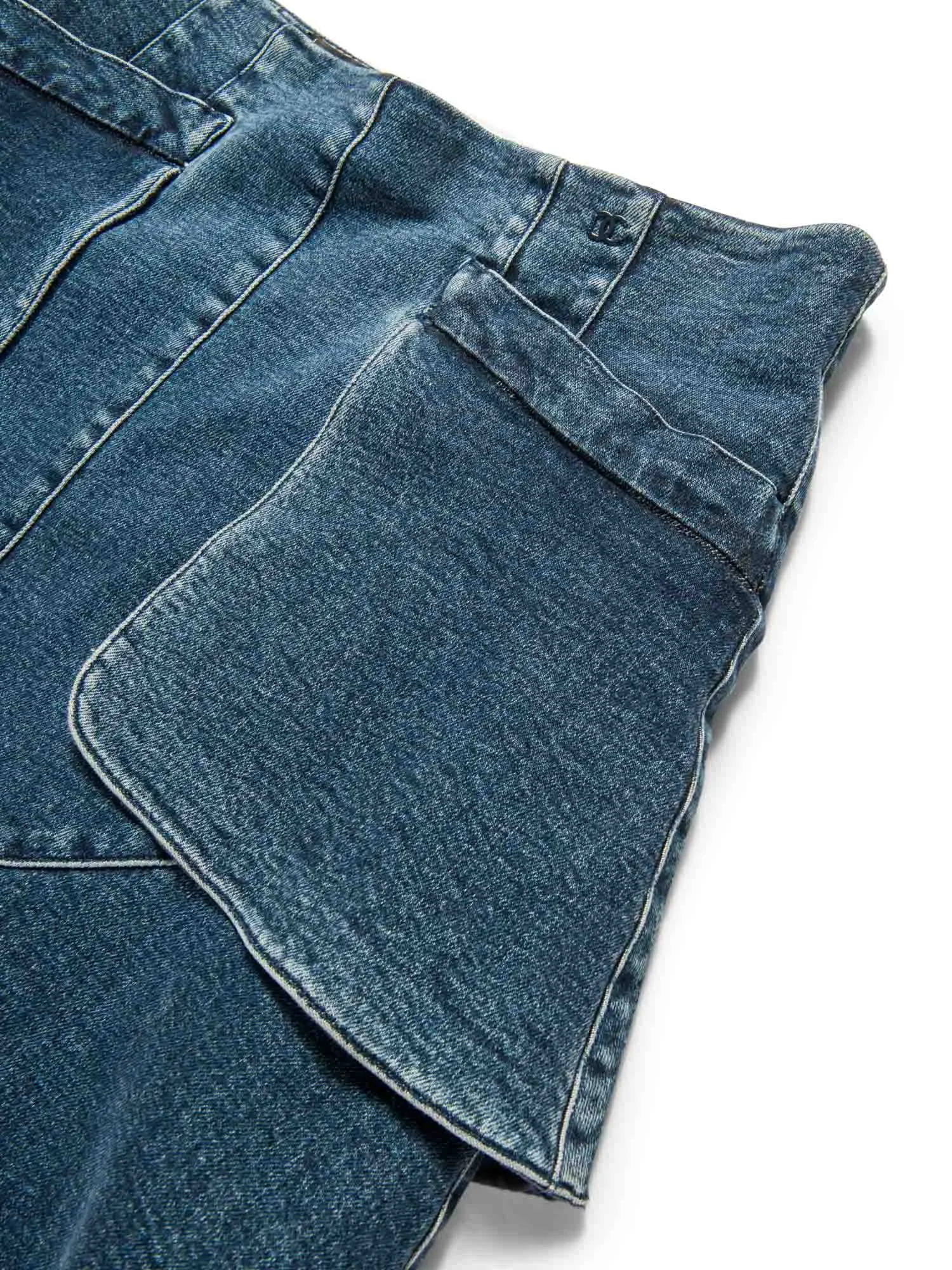 CHANEL CC Logo Denim A-Line Skirt Navy