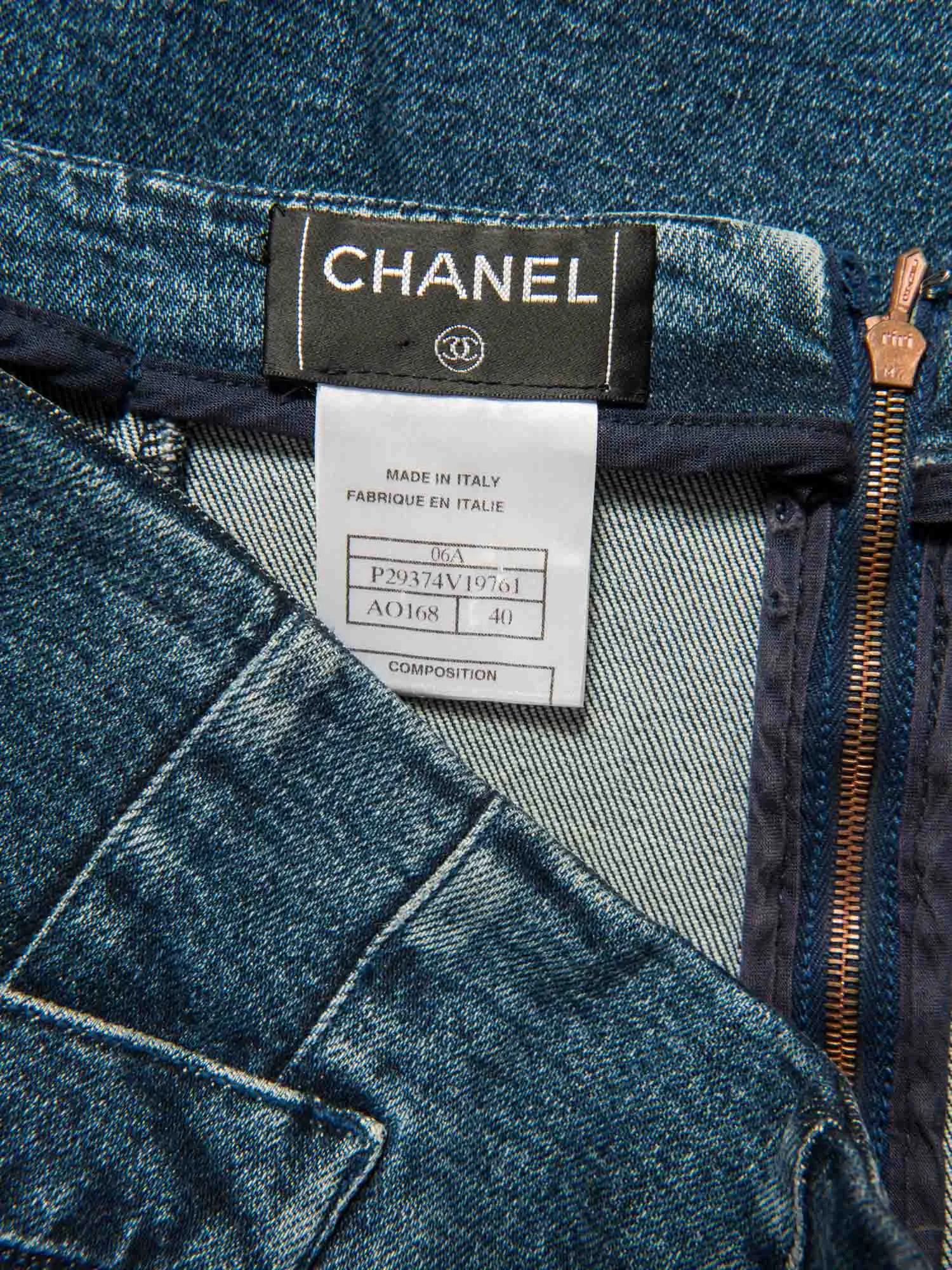 CHANEL CC Logo Denim A-Line Skirt Navy