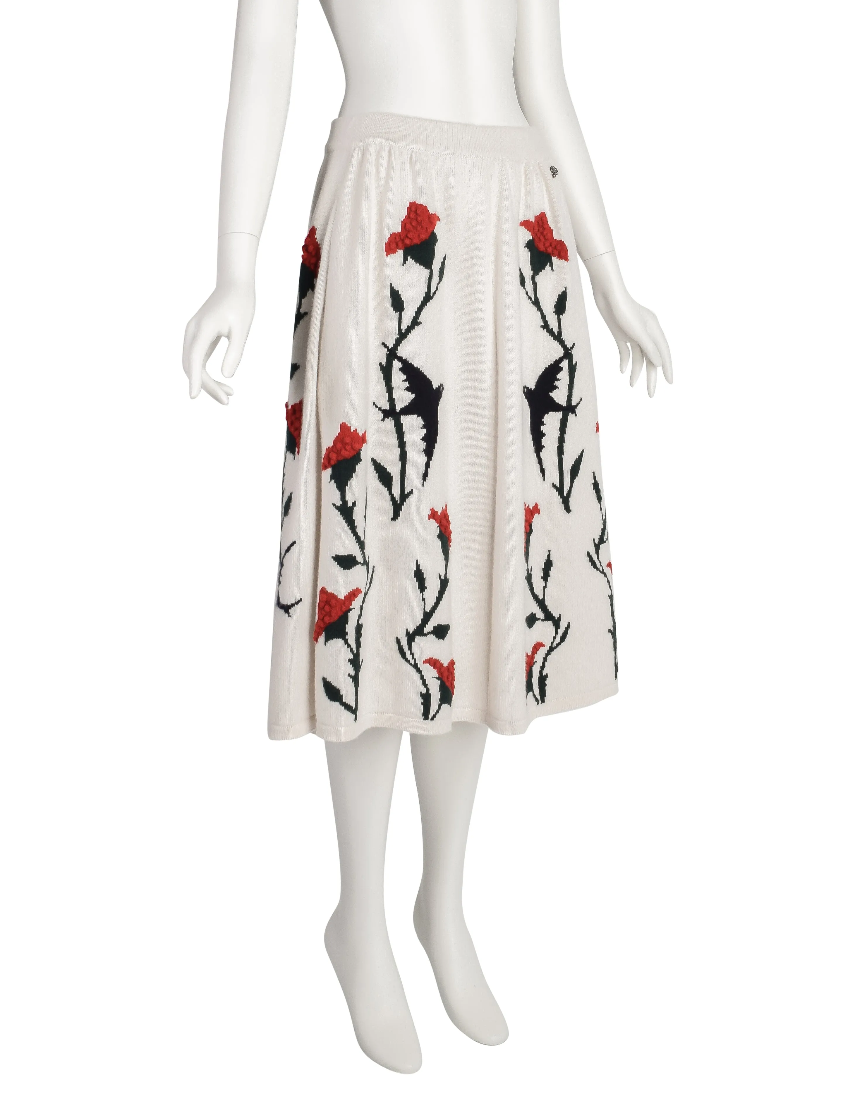 Chanel PF 2015 Black Swallow Bird Red Rose Cream Cashmere Knit A-Line Skirt