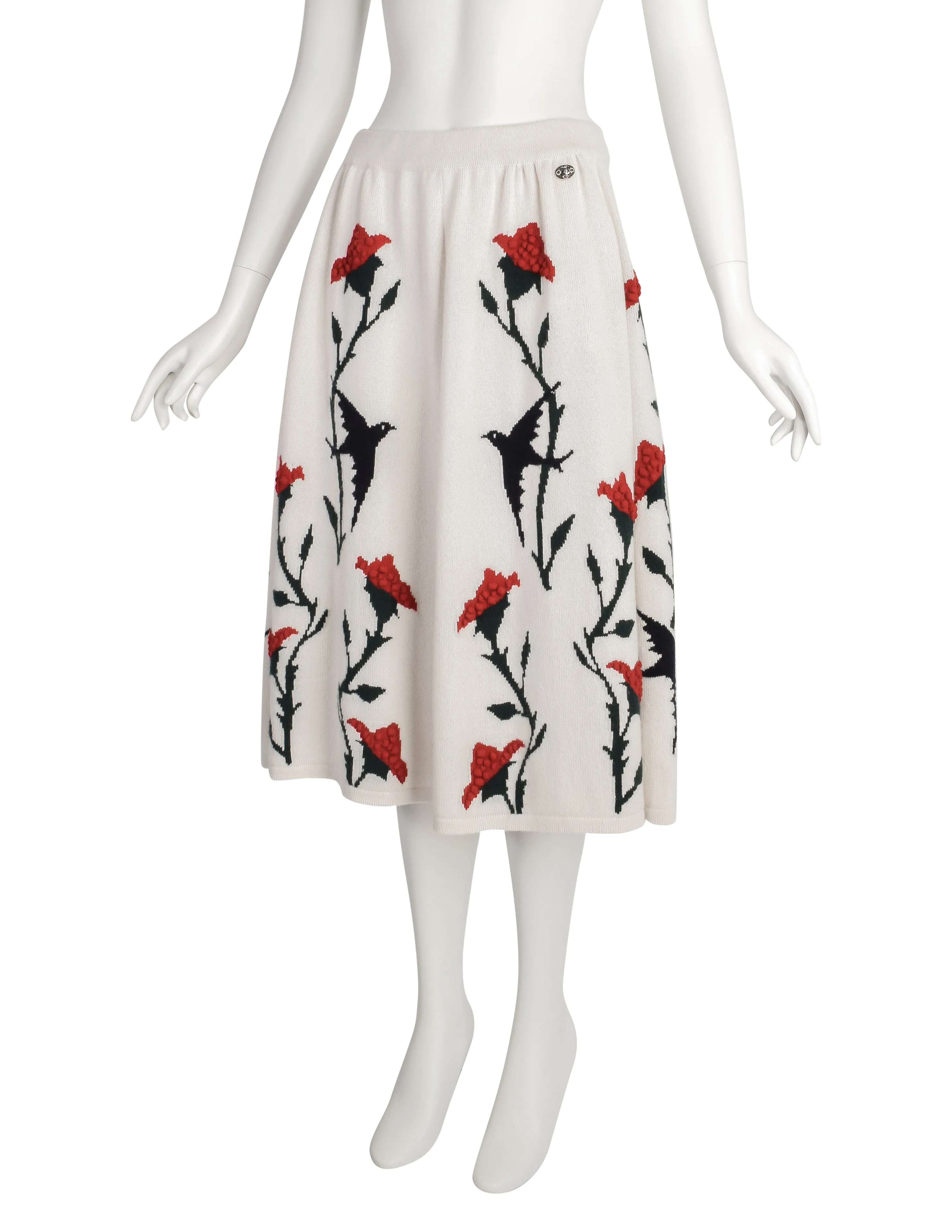 Chanel PF 2015 Black Swallow Bird Red Rose Cream Cashmere Knit A-Line Skirt