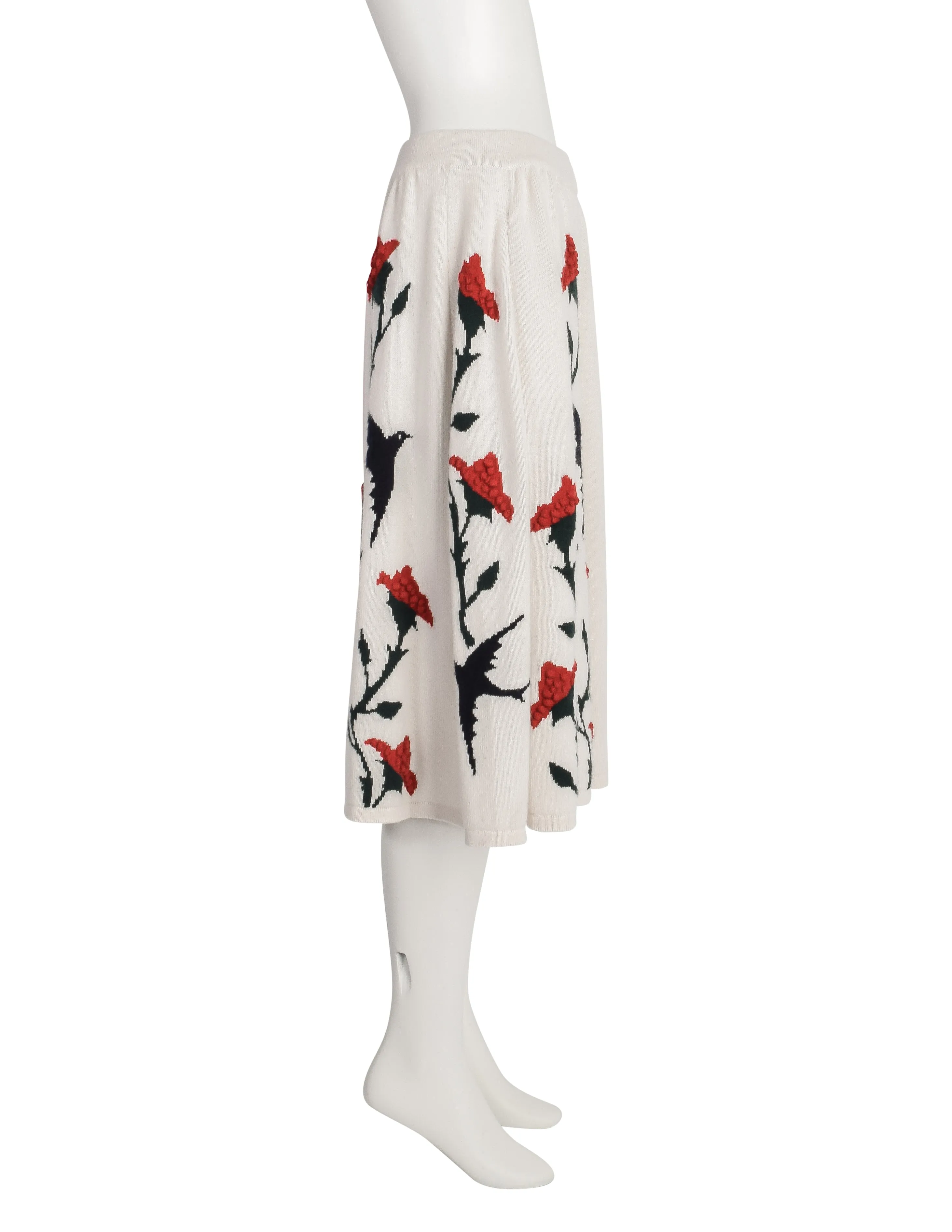 Chanel PF 2015 Black Swallow Bird Red Rose Cream Cashmere Knit A-Line Skirt