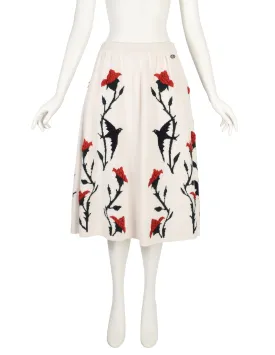 Chanel PF 2015 Black Swallow Bird Red Rose Cream Cashmere Knit A-Line Skirt