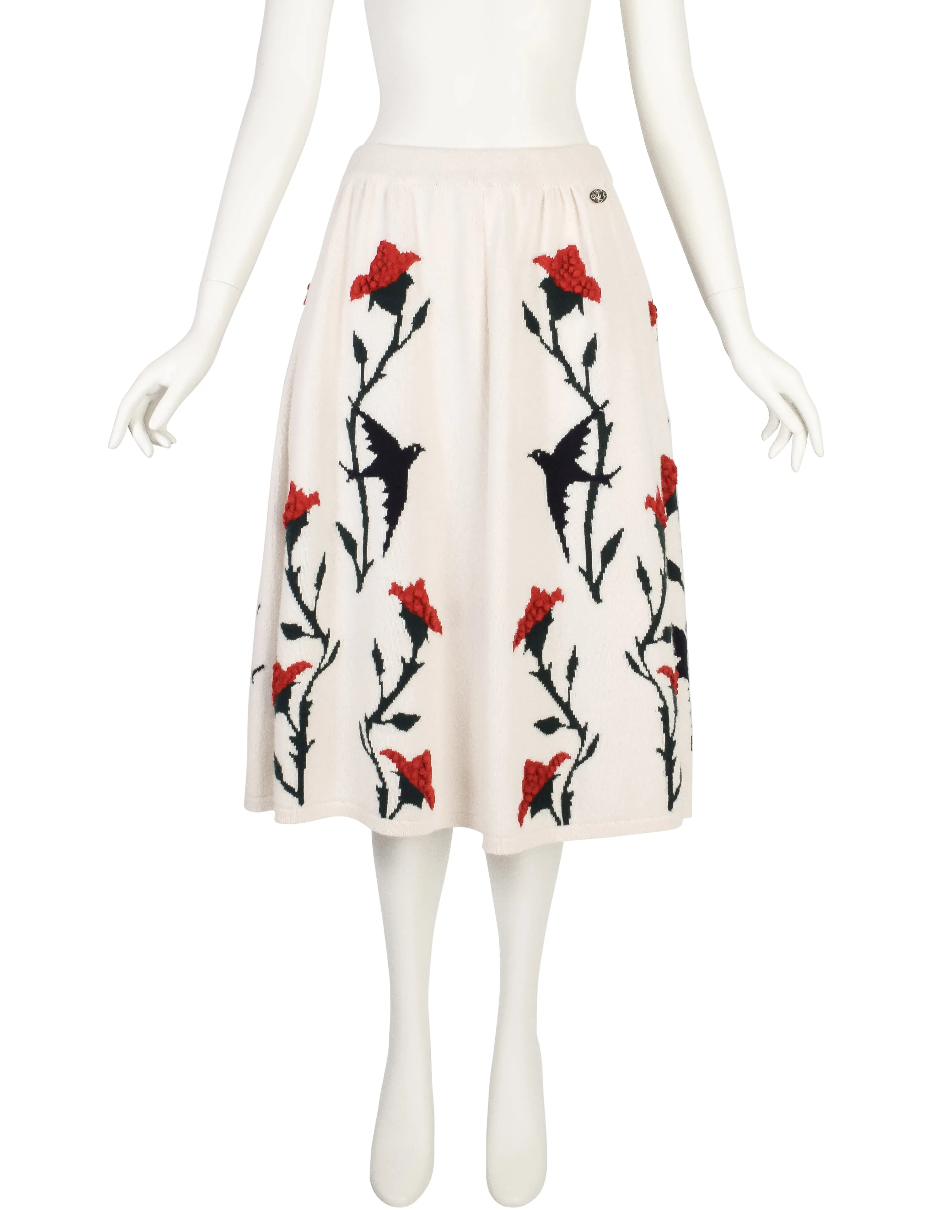 Chanel PF 2015 Black Swallow Bird Red Rose Cream Cashmere Knit A-Line Skirt