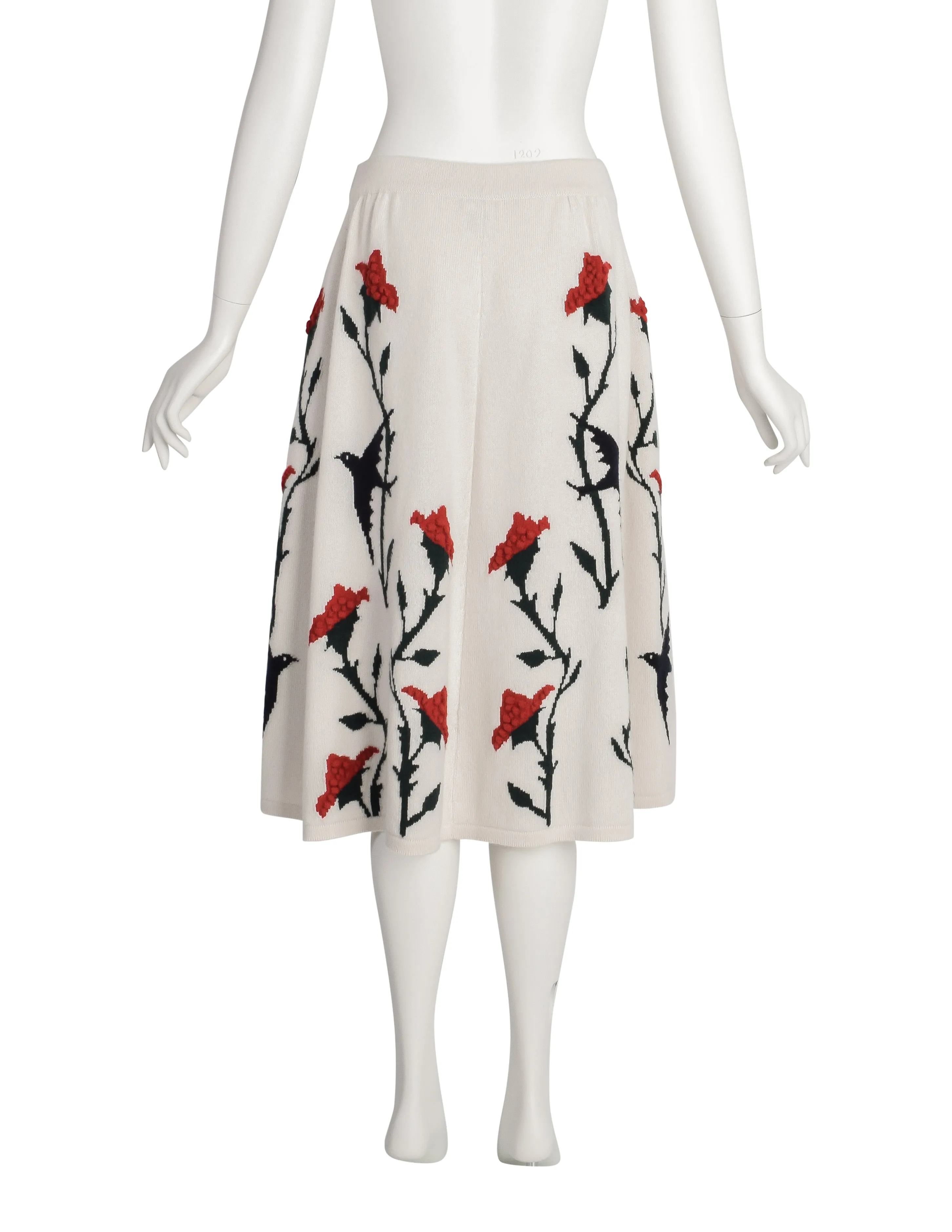 Chanel PF 2015 Black Swallow Bird Red Rose Cream Cashmere Knit A-Line Skirt