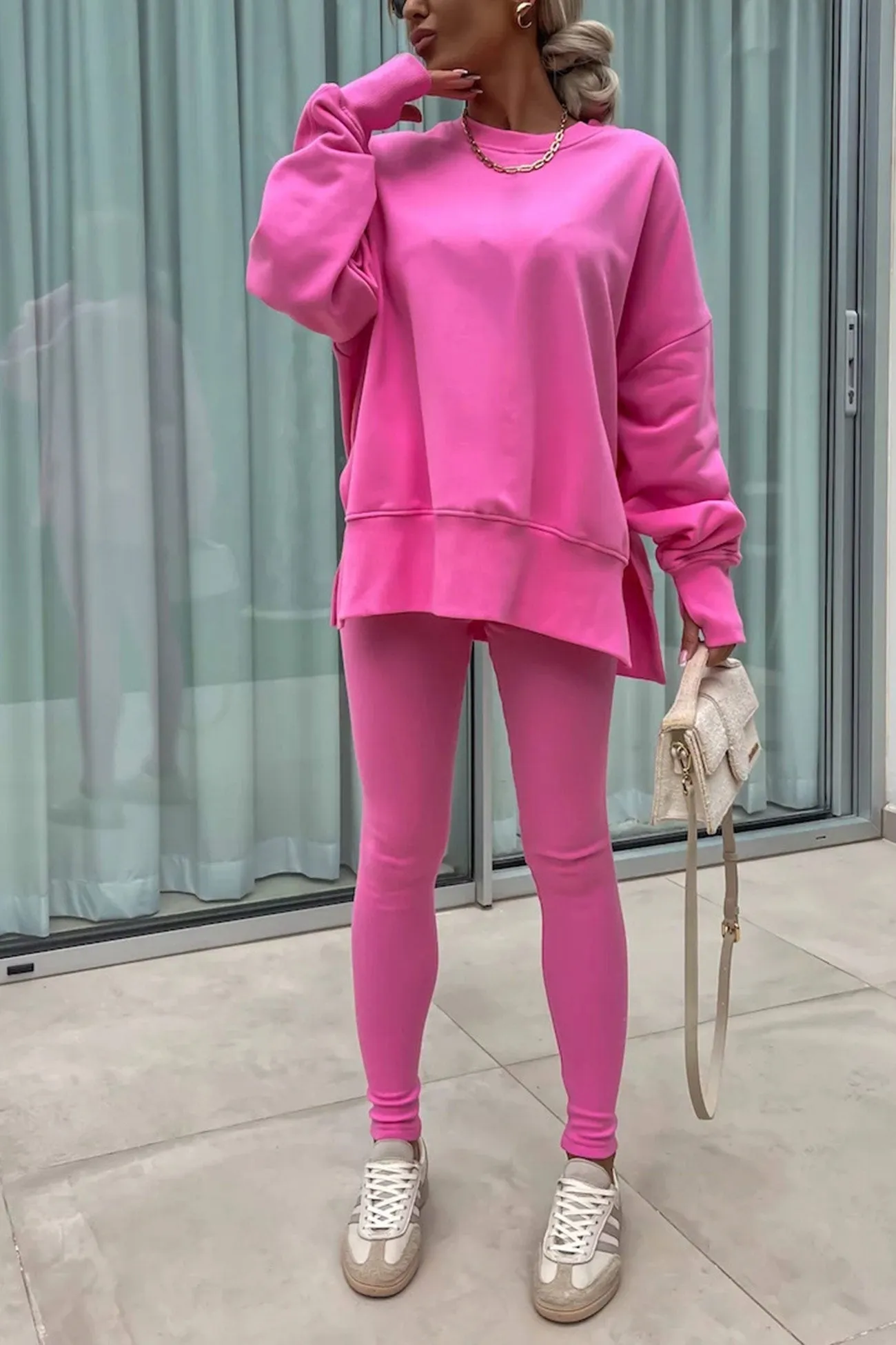 Crew Neck Slit Sweatshirt Legging Suits