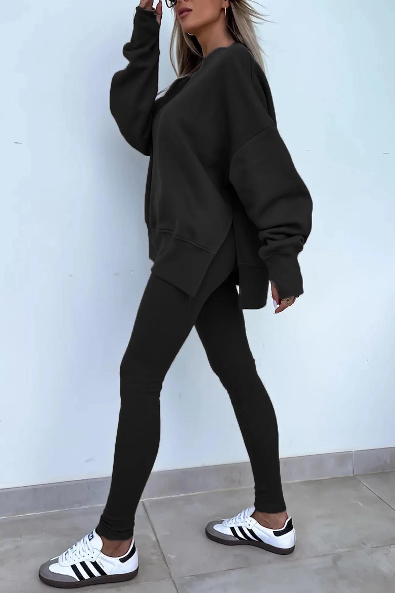 Crew Neck Slit Sweatshirt Legging Suits