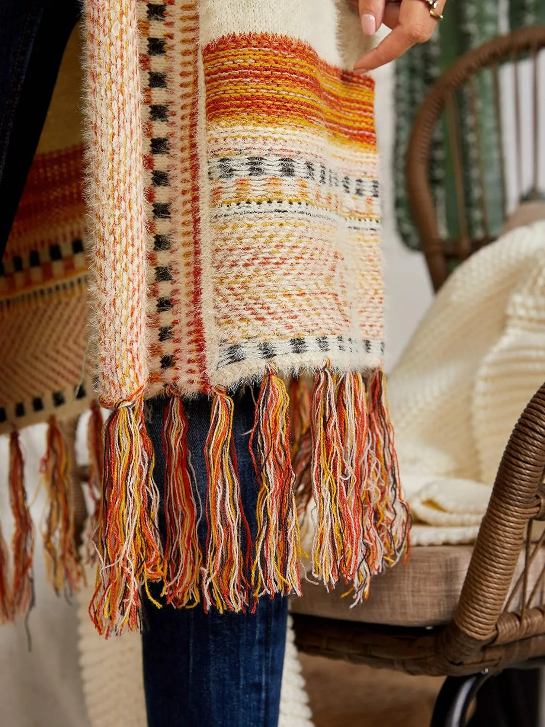 FERBIA Women Boho Cardigan Sweater Long Open Front Maxi Knit Sweaters Aztec Tribal Tassel Fringe Thin Coat