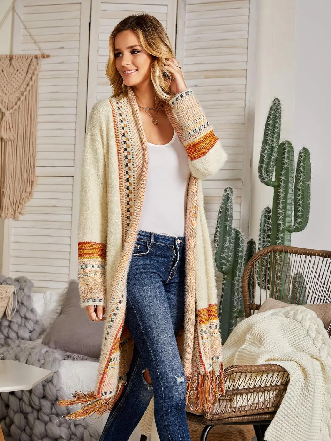 FERBIA Women Boho Cardigan Sweater Long Open Front Maxi Knit Sweaters Aztec Tribal Tassel Fringe Thin Coat