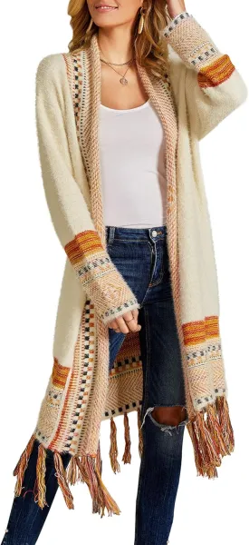 FERBIA Women Boho Cardigan Sweater Long Open Front Maxi Knit Sweaters Aztec Tribal Tassel Fringe Thin Coat