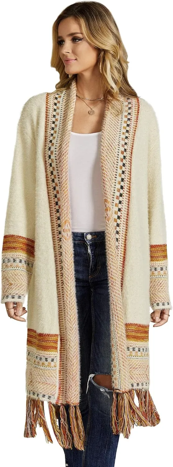FERBIA Women Boho Cardigan Sweater Long Open Front Maxi Knit Sweaters Aztec Tribal Tassel Fringe Thin Coat