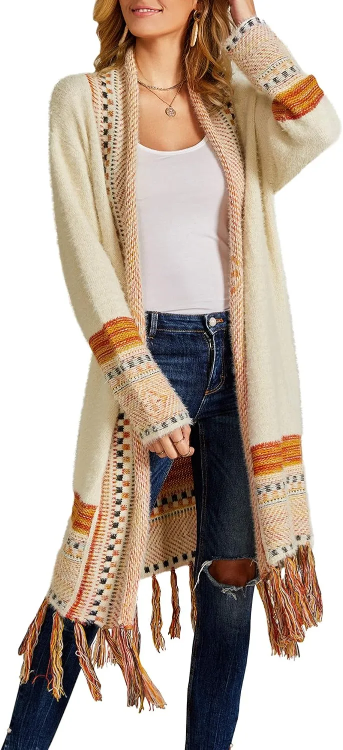 FERBIA Women Boho Cardigan Sweater Long Open Front Maxi Knit Sweaters Aztec Tribal Tassel Fringe Thin Coat