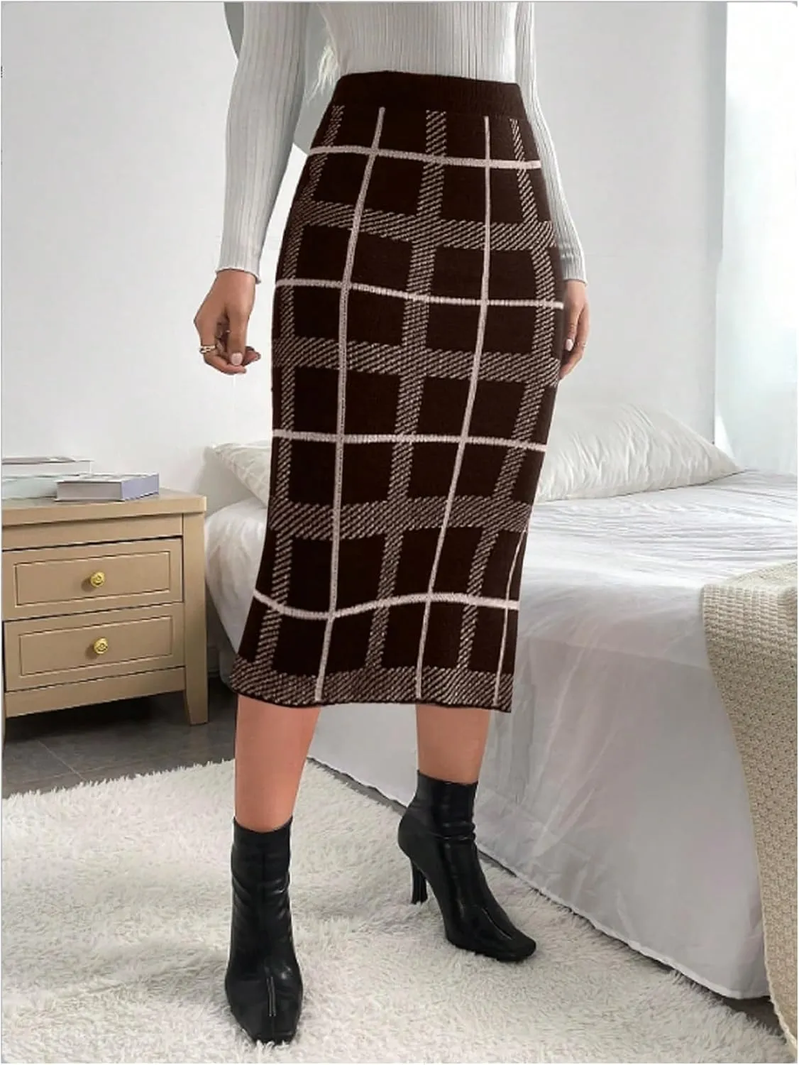 Floerns Women's Elegant Plaid High Waist Slit Side Pencil Skirts Knit Pencil Midi Skirts